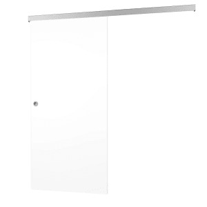 Weiße inova Holzschiebetür 880x2035mm mit silberner Laufschiene, Griffmuschel und Softclose. Komplettset.