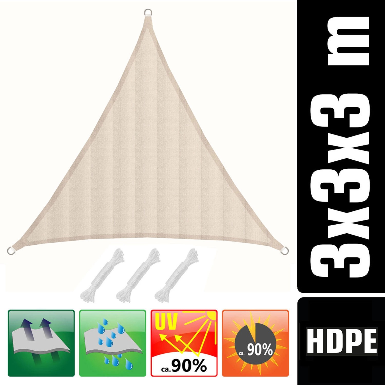 Beiges AMANKA HDPE Sonnensegel, 3x3x3m Dreieck mit Seilen und Edelstahl D-Ringen.