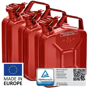 3 rote 5L Metall Kraftstoffkanister für Benzin, Diesel & E10, TÜV-geprüft, Made in Europe.