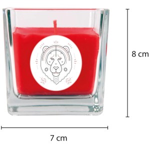 Rote Duftkerze im Glas mit Sternzeichen Löwe, Brenndauer 50 Stunden.