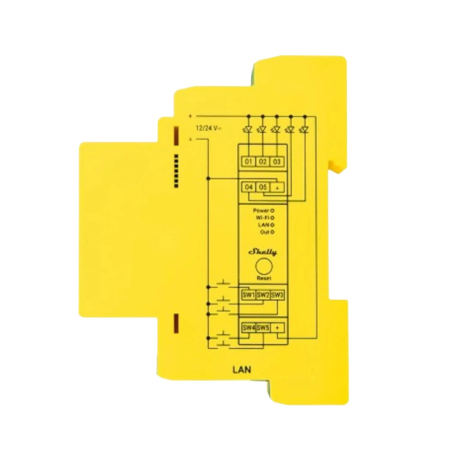 Gelber Shelly Lichtcontroller Pro RGBWW PM für Hutschiene, Hausautomation.