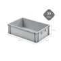 Graue Eurobox 30L mit geschlossenem Griff und Maßangaben, geeignet für Transportroller.
