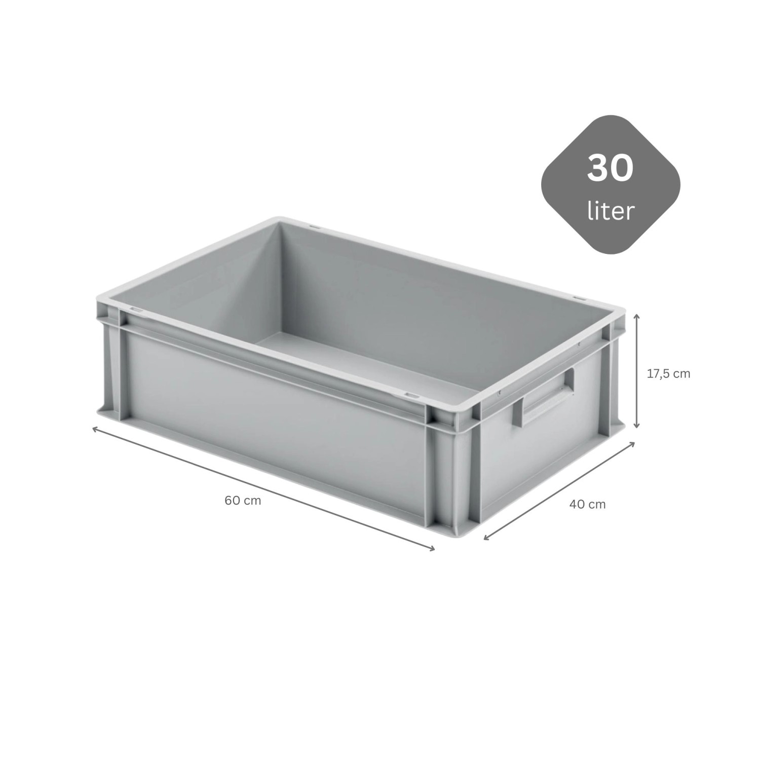 Graue Eurobox 30L mit geschlossenem Griff und Maßangaben, geeignet für Transportroller.