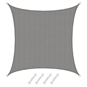 Graues, quadratisches AMANKA HDPE Sonnensegel 4x4m, wasserdurchlässig, mit D-Ringen und Seilen für UV-Schutz.