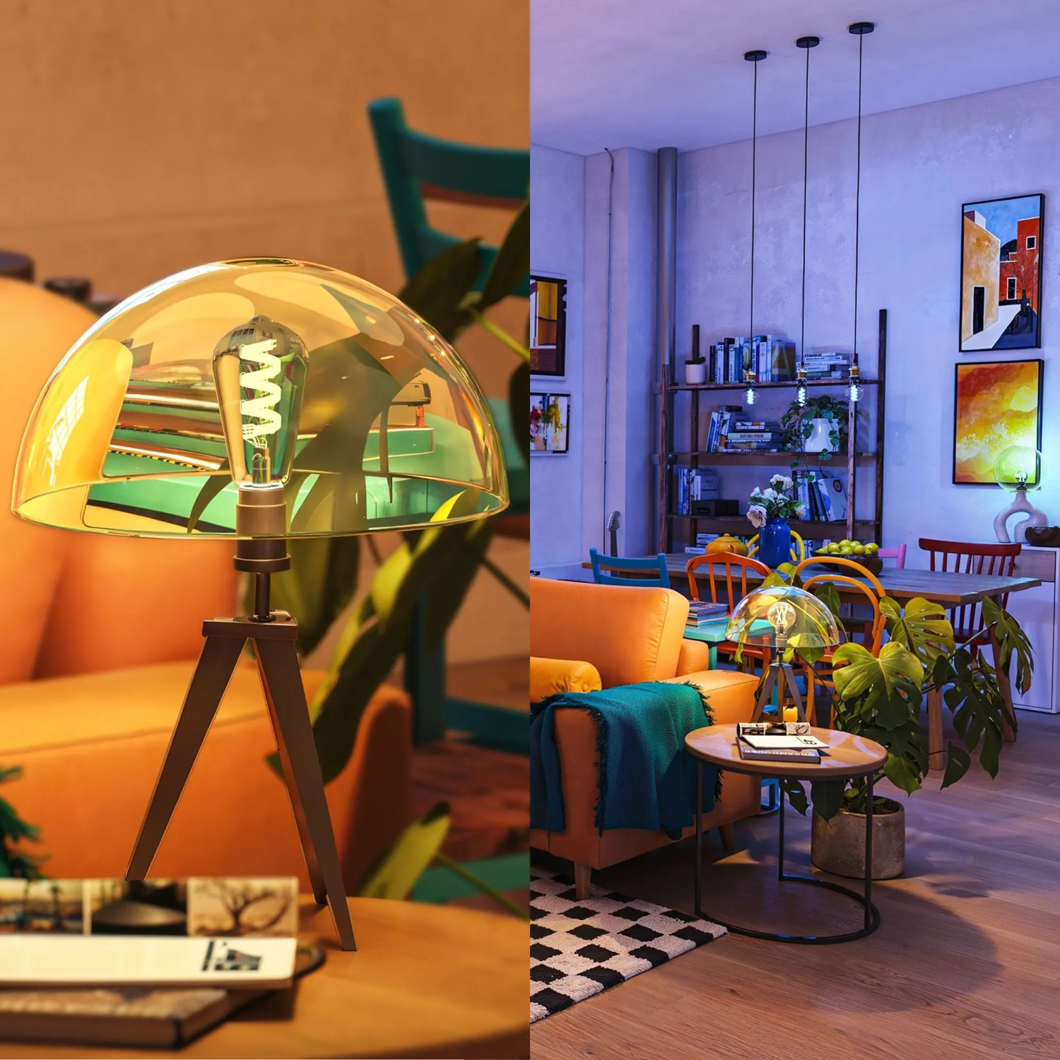 Philips Smart-LED-Leuchtmittel E27 Tropfenform Set. Links warmes Vintage-Licht, rechts kühles Smart-Licht im Wohnzimmer. Anpassbare Farbtemperatur.