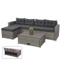 4-teilige graue Poly-Rattan Lounge-Garnitur mit dunklen Kissen und Tisch mit Staufach.