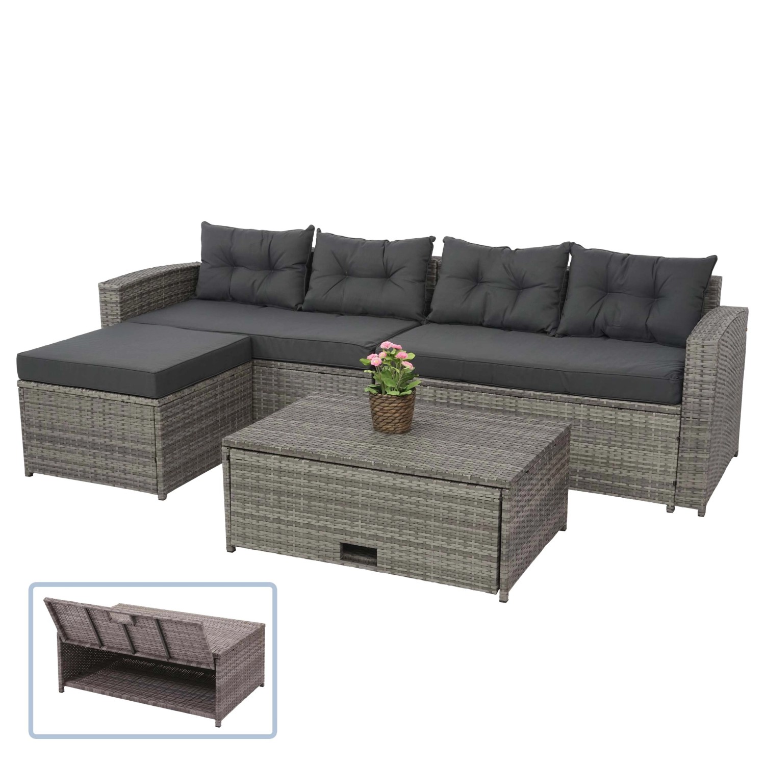 4-teilige graue Poly-Rattan Lounge-Garnitur mit dunklen Kissen und Tisch mit Staufach.