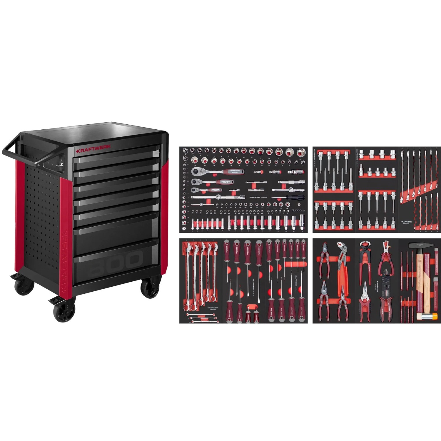 Kraftwerk Werkstattwagen PRO LINE PT800 WW 7 Schubl. 220-tlg. Schwarz-Rot