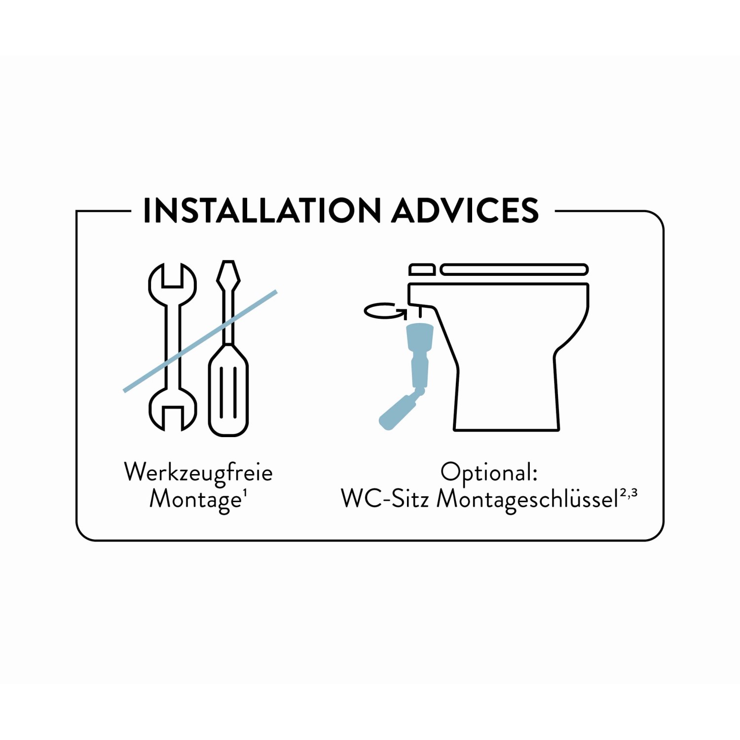 Montagehinweise für baliv WC-Sitz Cavone II: Werkzeugfreie Montage und optionaler WC-Sitz Montageschlüssel.