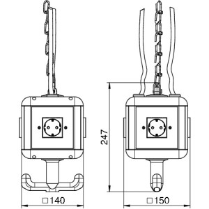 Technische Zeichnung OBO Bettermann HoverCube IP20 mit 4 Steckdosen, Aufhängeöse, Griffhaken. Maße 247x140x150mm.