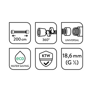 Details zum baliv Metall Wasserspar-Brauseschlauch 200cm: Länge, 360° drehbar, Universal, Wassersparfunktion, KTW-Zertifizierung, 18,6mm Anschluss.