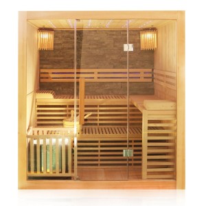 Finnische Sauna Sarnia Plus aus Hemlockholz mit Harvia Ofen und Aufguss-Set für 2-4 Personen.