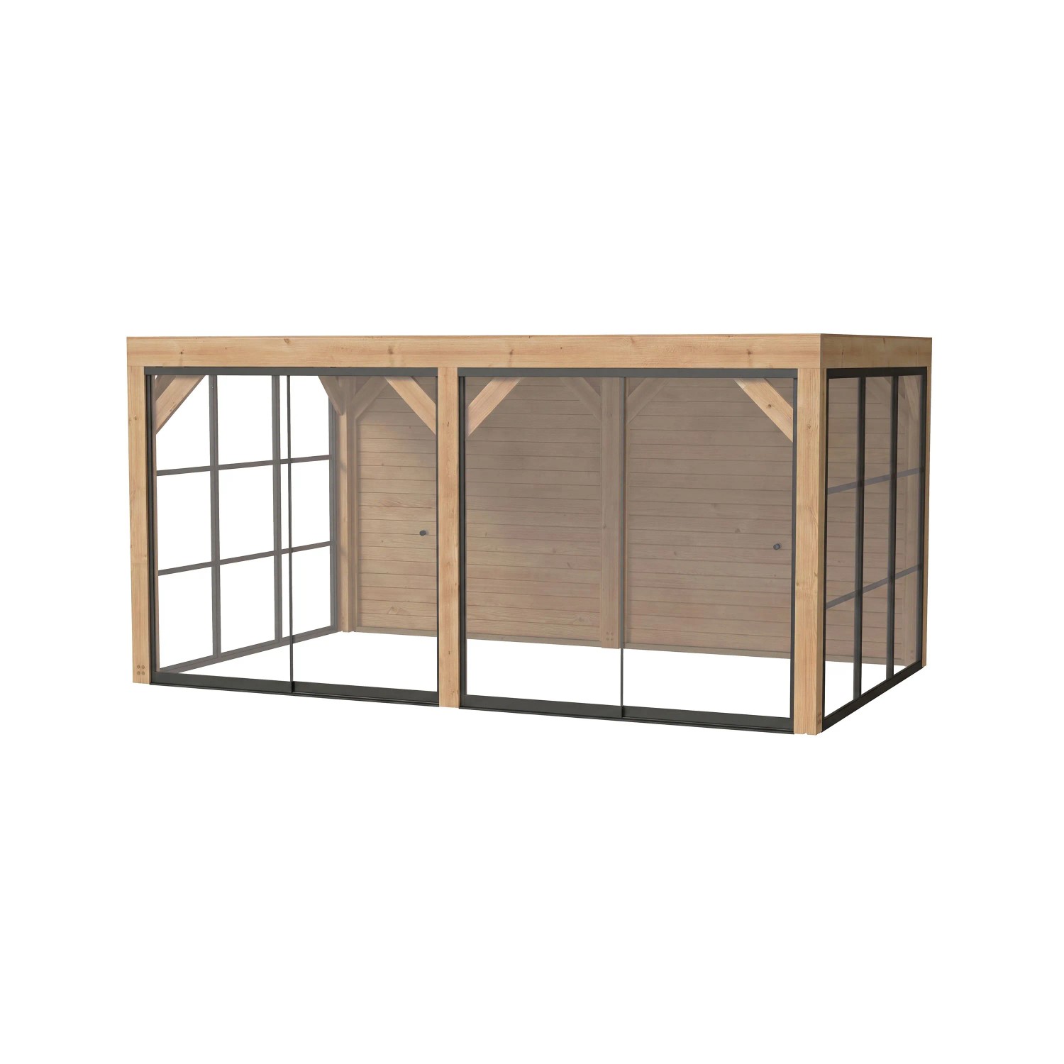 weka Gartenlaube Lumley: Moderne Terrassenüberdachung aus Holz mit Glasschiebetüren und Holzwänden, Flachdach-Design.
