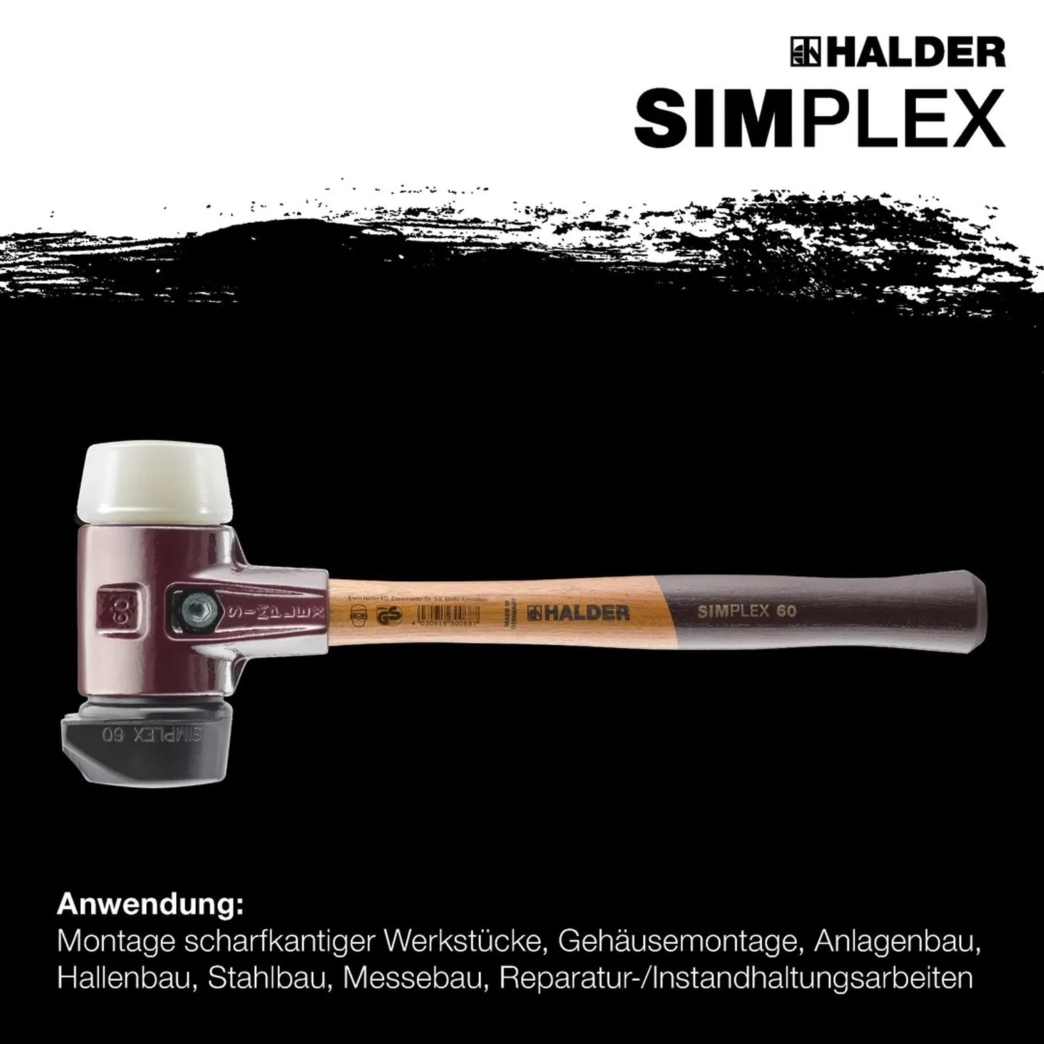 Halder Simplex Schonhammer Ø 60 mm mit Gummi-Standfuß, Nylon-Einsatz, Tempergussgehäuse und Holzstiel.