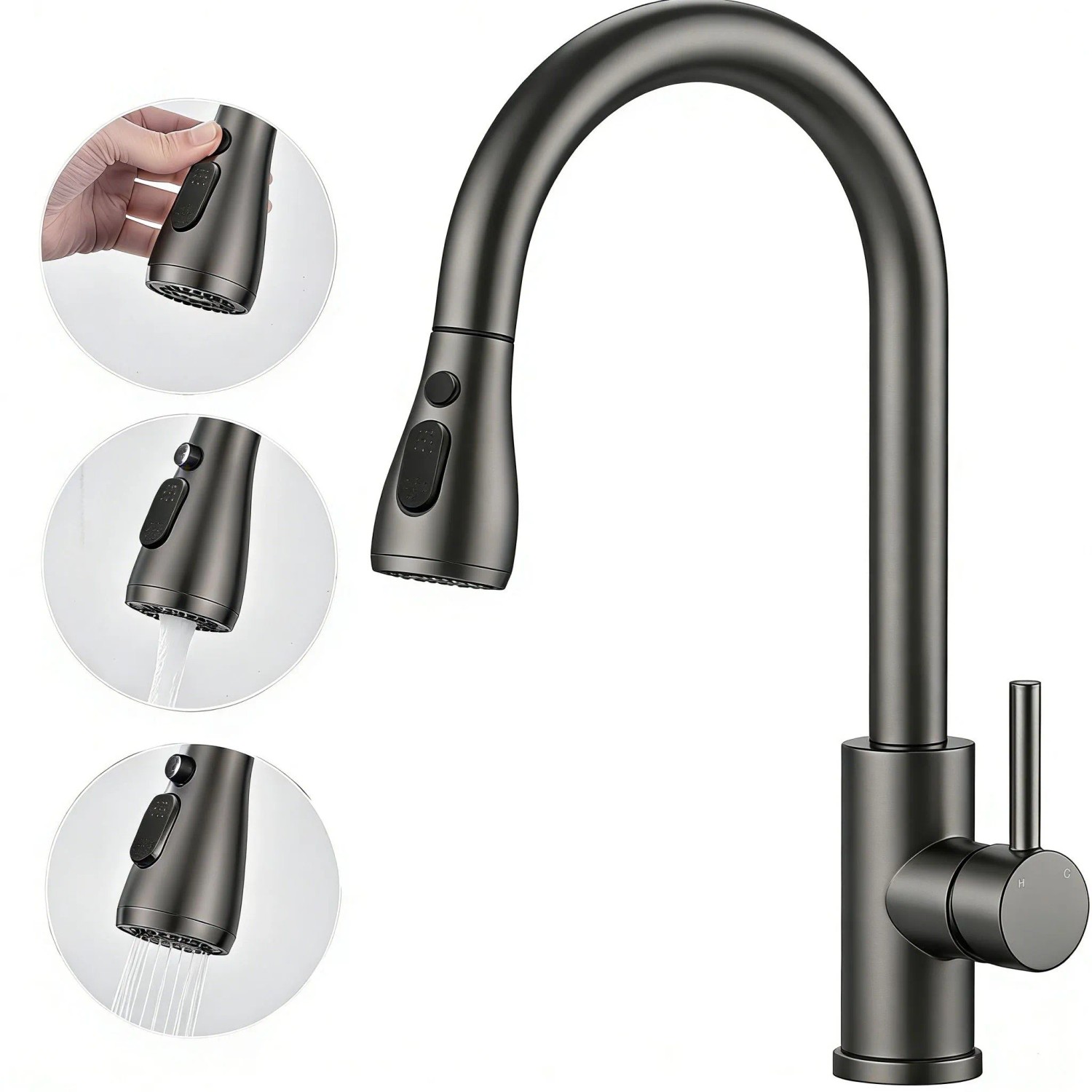 AICA Küchenarmatur Ausziehbar Wasserhahn Küche Zwei Wasserauslassmodi Mischbatterie 360° Drehbar Einhand-Spültischarmatur Gunmetal Grey