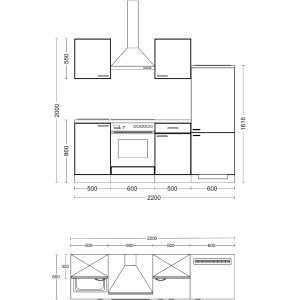 Skizze der Flex-Well Exclusiv Küchenzeile Abaco 220 cm in Perlmutt/Akazie mit Maßen.