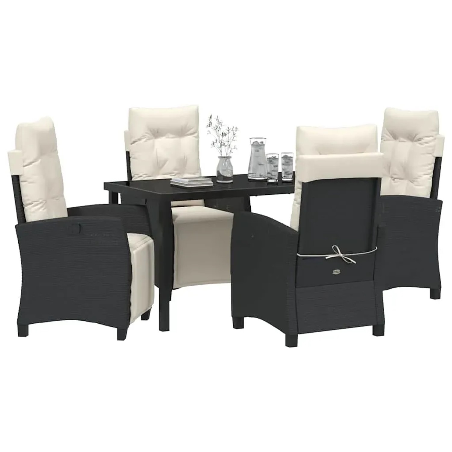 Schwarze 5-tlg. Garten Essgruppe aus Poly Rattan mit Tisch und Stühlen.