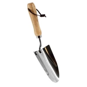 Galaflor Blumenkelle aus glänzendem Edelstahl mit hellem Holzgriff und Aufhängeloch. Robustes Gartenhandgerät zum Pflanzen.