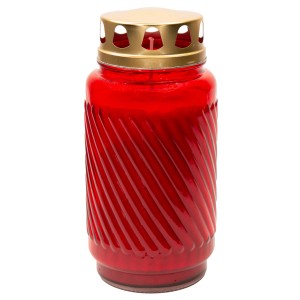 Rotes Bolsius Grablicht mit goldenem Deckel, geripptes Glas, ca. 17 cm hoch.