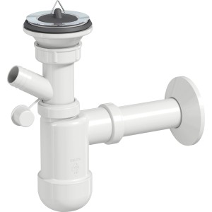 Weißer Prevex Siphon mit Gummistopfen und Waschmaschinenanschluss.