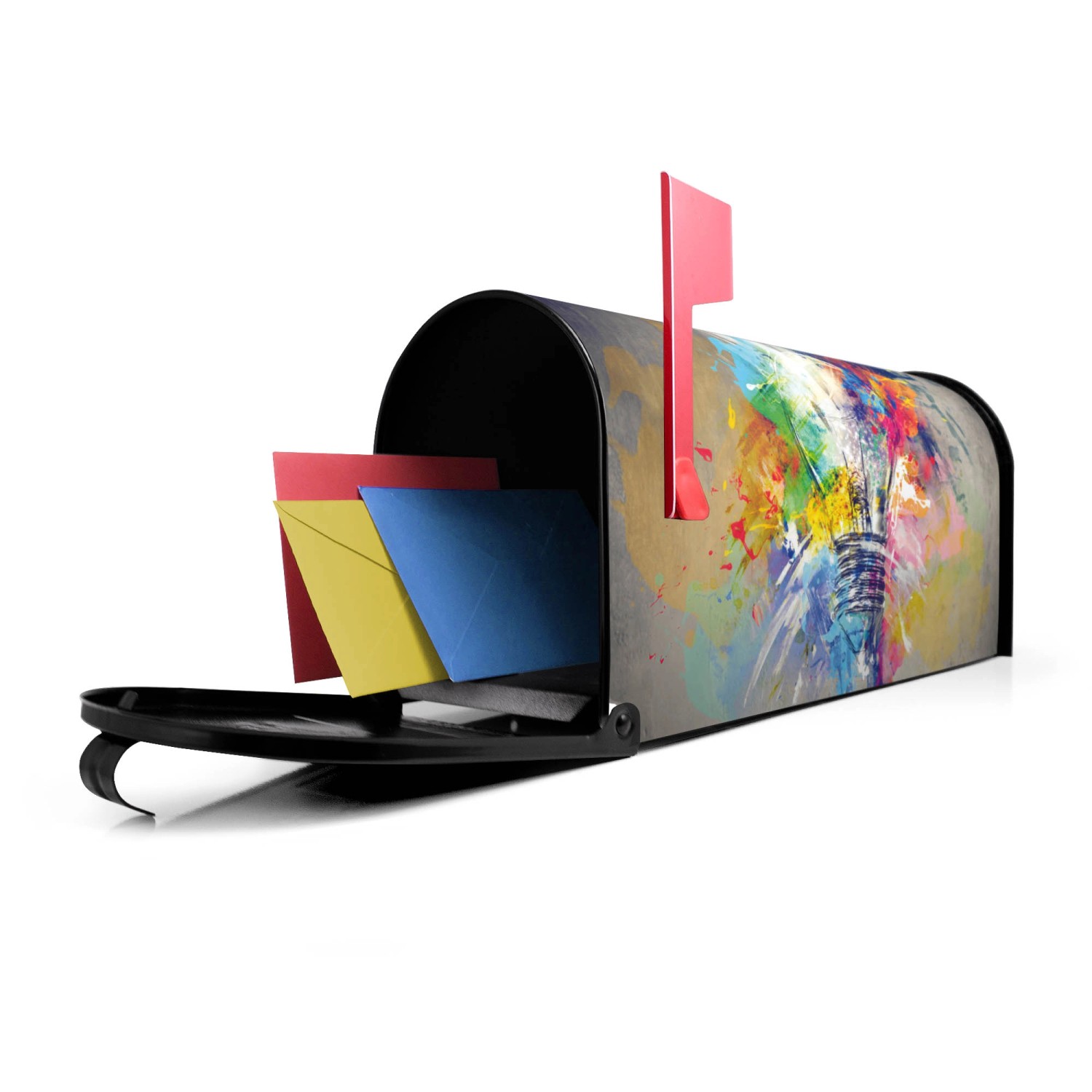 Schwarzer US Briefkasten mit Motiv, offene Klappe und Briefe. Amerikanischer Postkasten von Banjado.