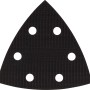 Bosch Schleifplatte für Deltaschleifer, dreieckig, schwarz mit Klettgewebe und Löchern.