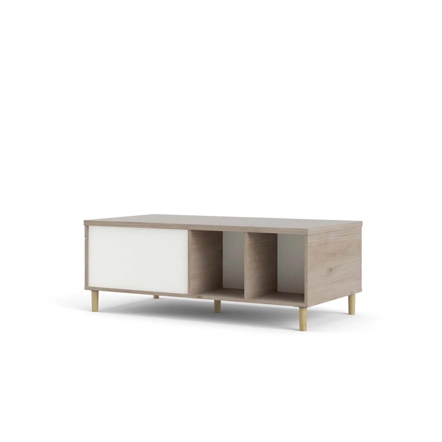 Penny Couchtisch mit Hickory-Dekor und Mattweiß, ausziehbar mit 2 Fächern.