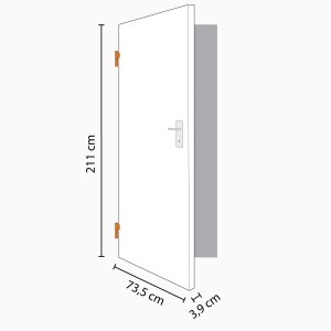 Skizze einer weißen Zimmertür (73,5x211cm) mit Linksanschlag und Maßangaben.