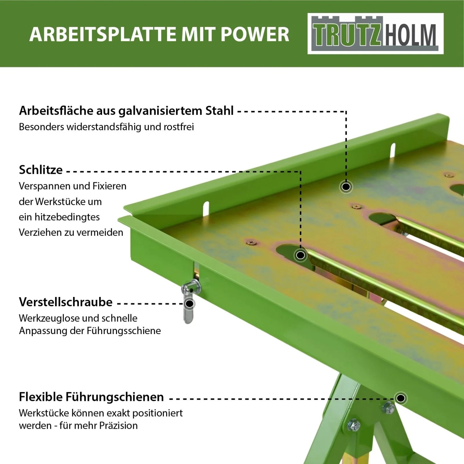 TRUTZHOLM Schweißtisch: Details der Arbeitsplatte aus Stahl, höhenverstellbar und neigbar.