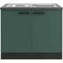 OPTIFIT Verona405 Spülenunterschrank, 100 cm, Steingrün mit Edelstahlspüle und anthrazitfarbener Arbeitsplatte.