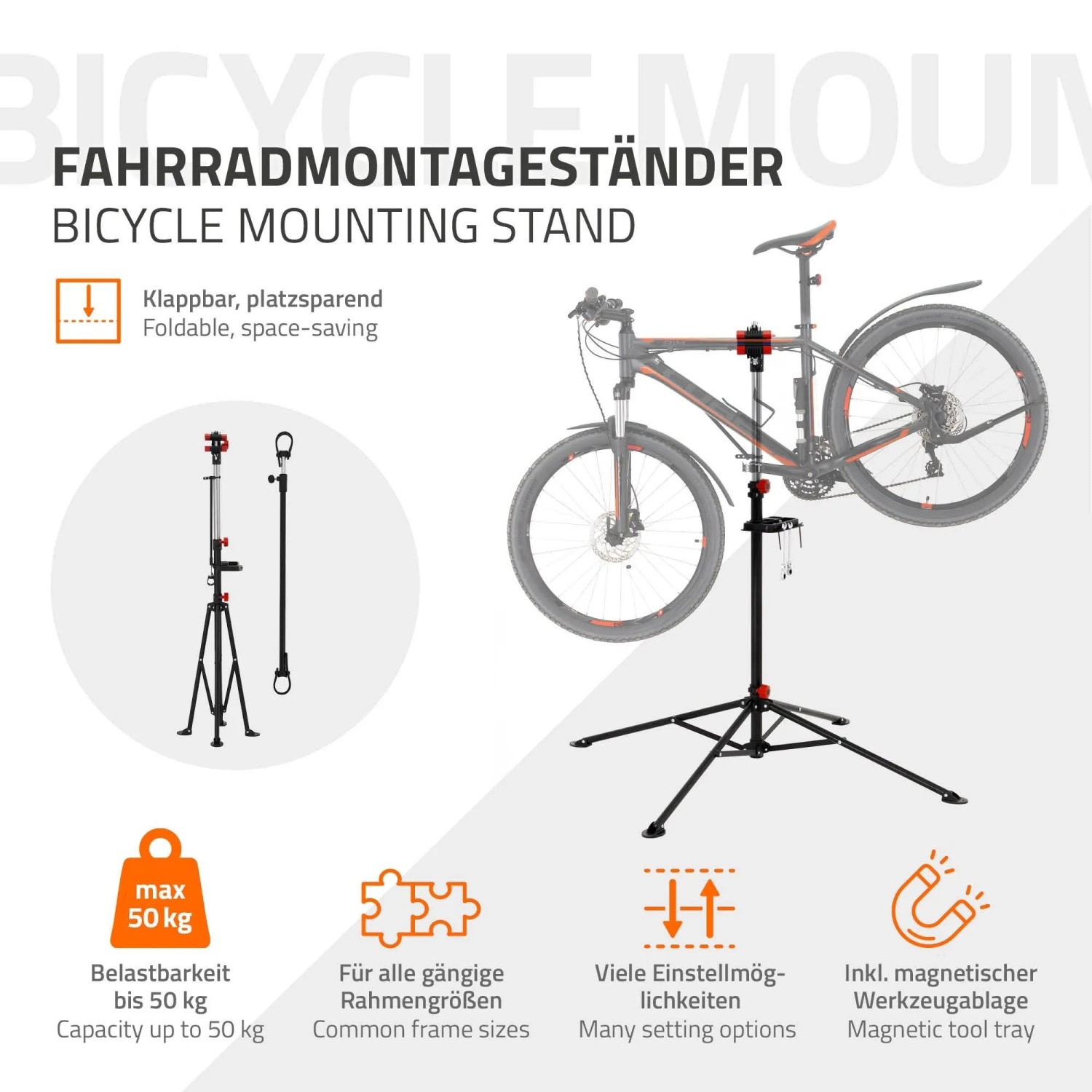 Schwarzer, höhenverstellbarer Fahrradmontageständer mit rotem Drehclip, magnetischer Ablage und montiertem Fahrrad.