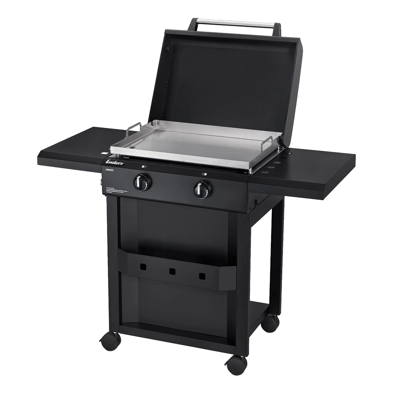 Schwarzer Enders Plancha-Grill Amaro 2 mit Edelstahl-Plancha und zwei Seitenablagen.