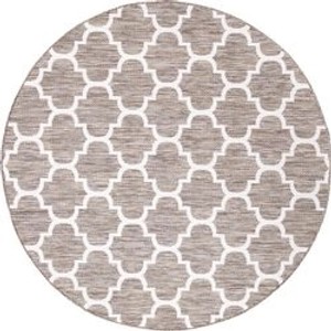 Beiger, runder Outdoor Teppich (120x120 cm) mit modernem Karo-Gitter-Muster.