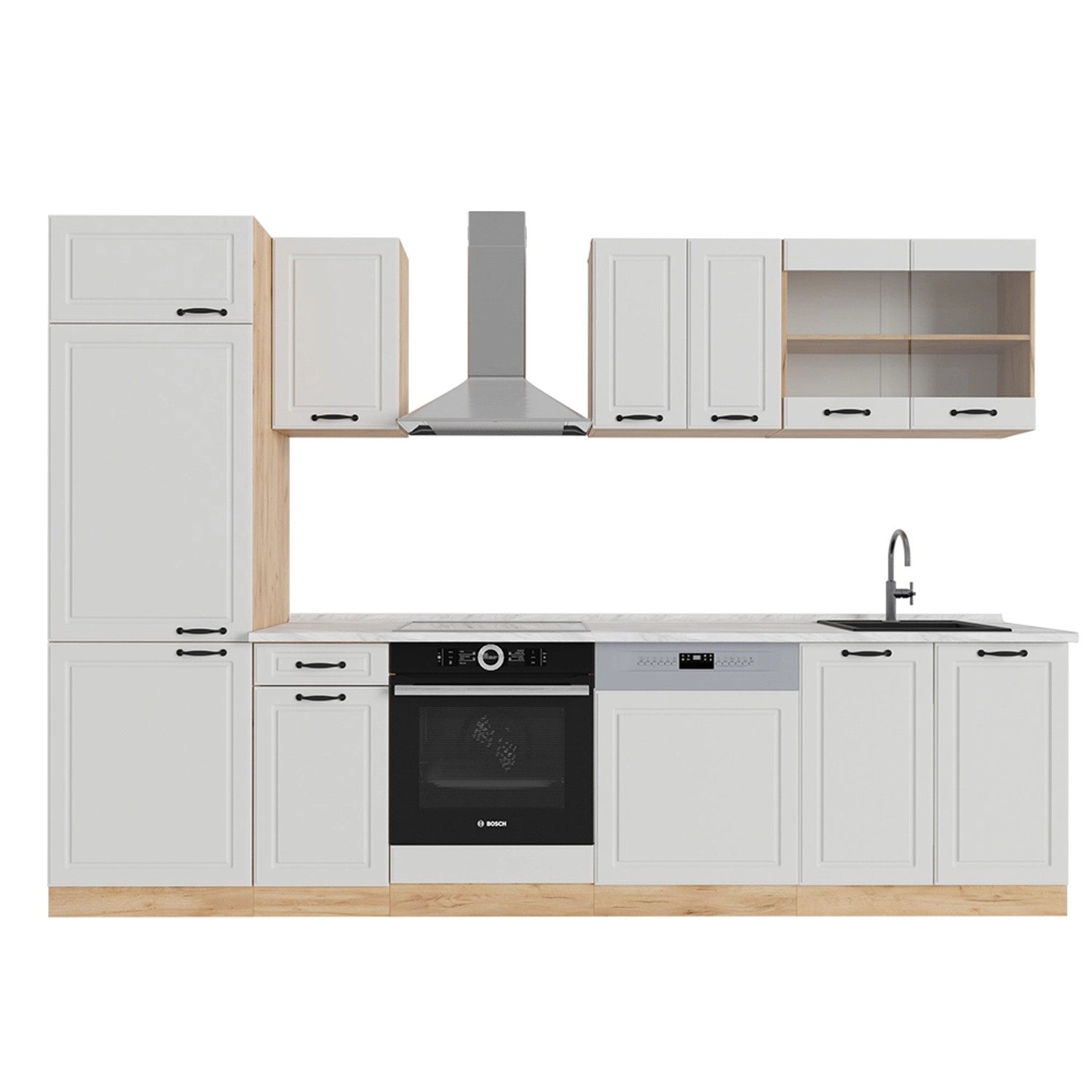 Vicco R-Line Küchenzeile Weiß Landhaus/Goldkraft Eiche 300 cm AP Marmor günstig online kaufen