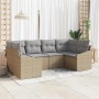 Beiges 6-teiliges Garten-Sofa-Set aus Poly Rattan von vidaXL mit grauen Kissen.