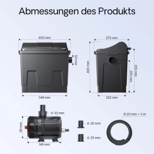 SunSun Biofilter CBF-200T mit Pumpe, UVC-Klärer und Schlauch, Abmessungen des Produkts.