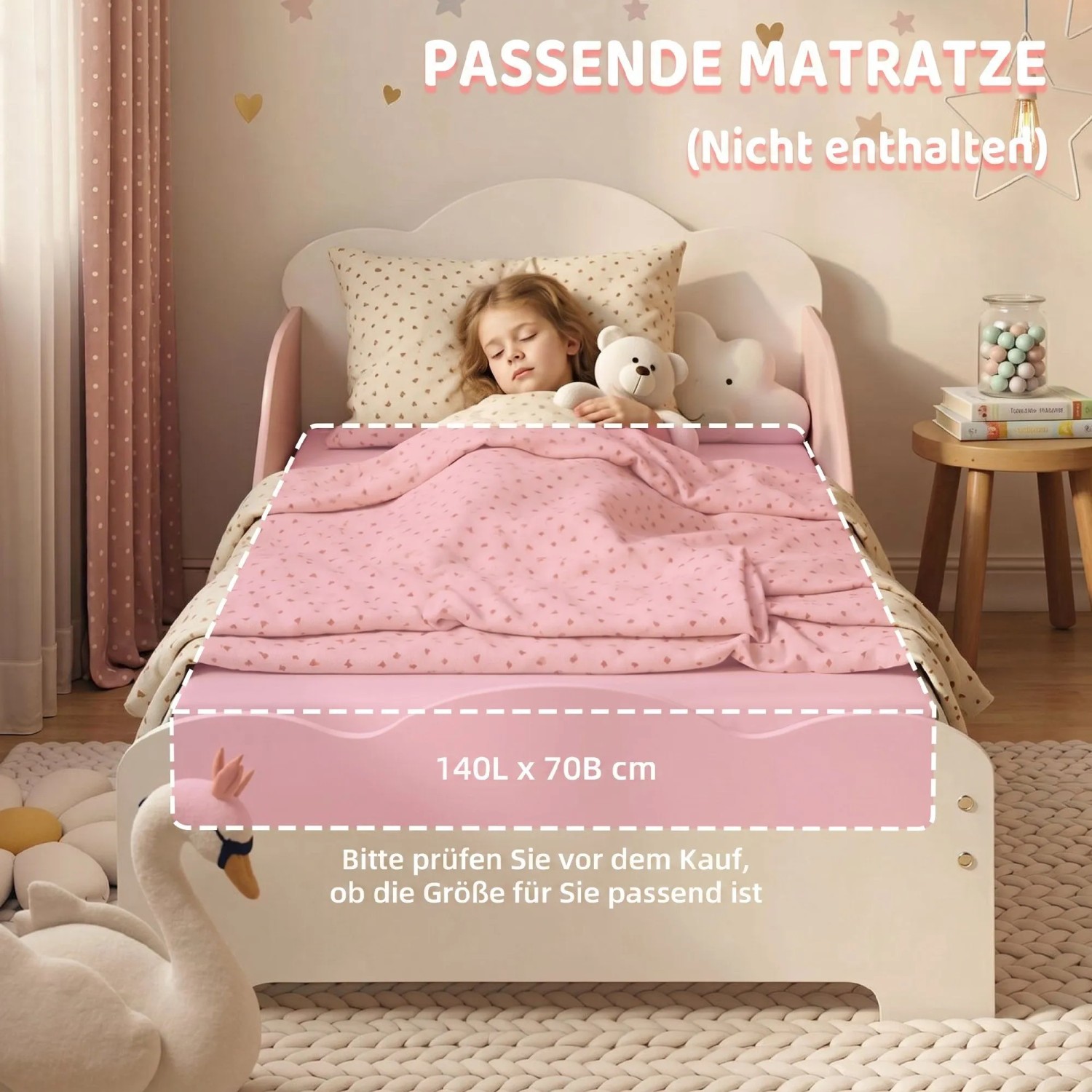 Rosa AIYAPLAY Kinderbett aus MDF mit Wolken-Kopfteil. Kind schläft sicher im niedrigen Bett. Matratze 140x70 cm.