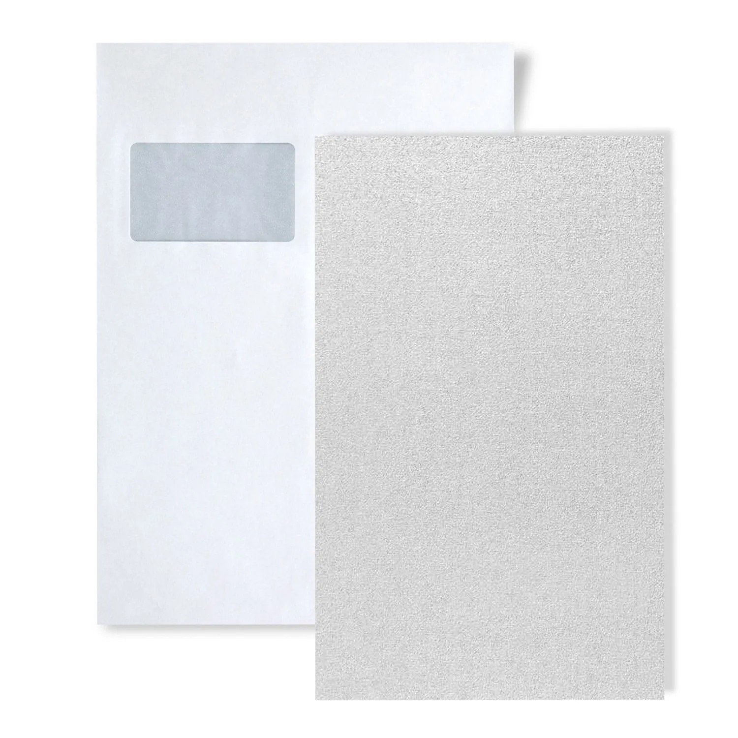Muster einer überstreichbaren Vliestapete von EDEM, Farbe Weiß, zusammen mit einem Briefumschlag.