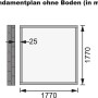 Fundamentplan des Karibu Holz-Gartenhauses Kristiansund, Maße 1770 x 1770 mm, Wandstärke 25 mm.
