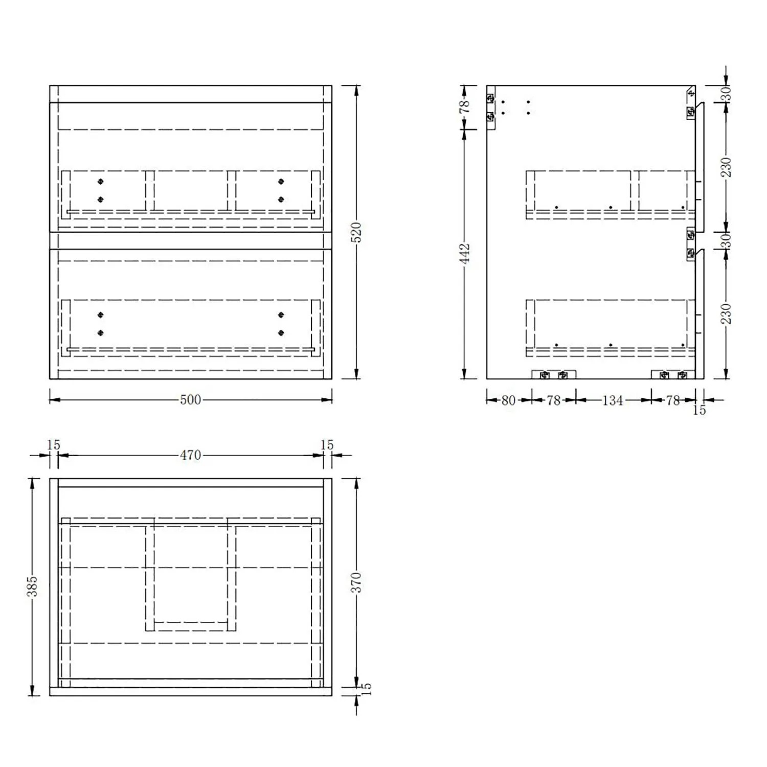 Technische Zeichnung des Duschparadies Waschbeckenunterschranks Y244X 50x39x52cm mit 2 Schubladen. Ansichten und Maße.