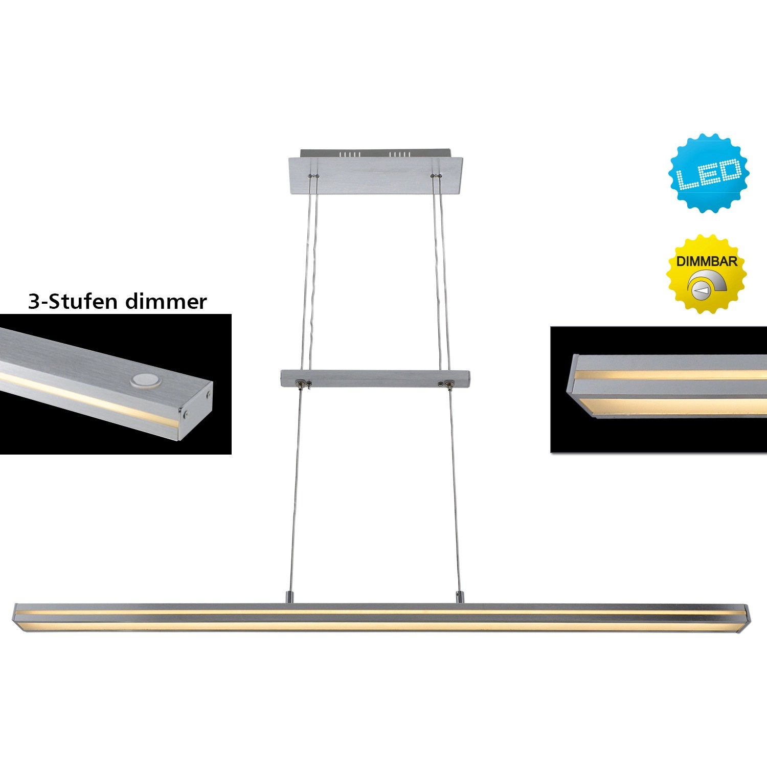 Aluminiumfarbene LED-Pendelleuchte Straight, 103,5 cm, dimmbar, für moderne Beleuchtung.