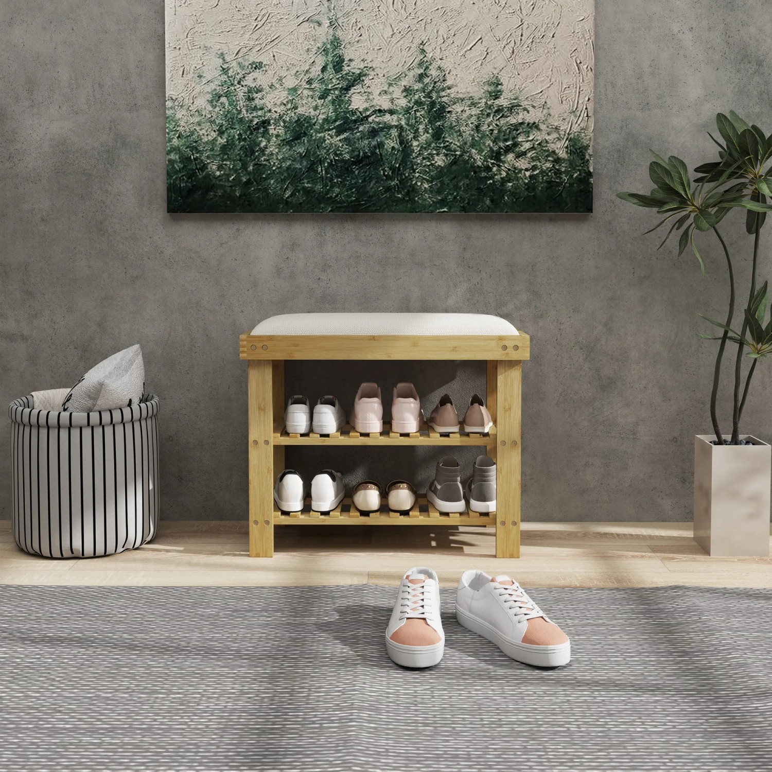 HOMCOM Schuhbank aus Bambus mit cremeweißer Sitzfläche und zwei Ablagen für Schuhe.