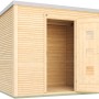 Weka Holz-Gartenhaus wekaLine 413, 6,3 m², naturbelassen mit geöffneter Doppeltür.