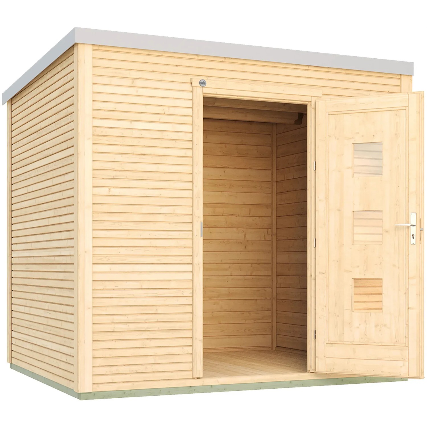 Weka Holz-Gartenhaus wekaLine 413, 6,3 m², naturbelassen mit geöffneter Doppeltür.
