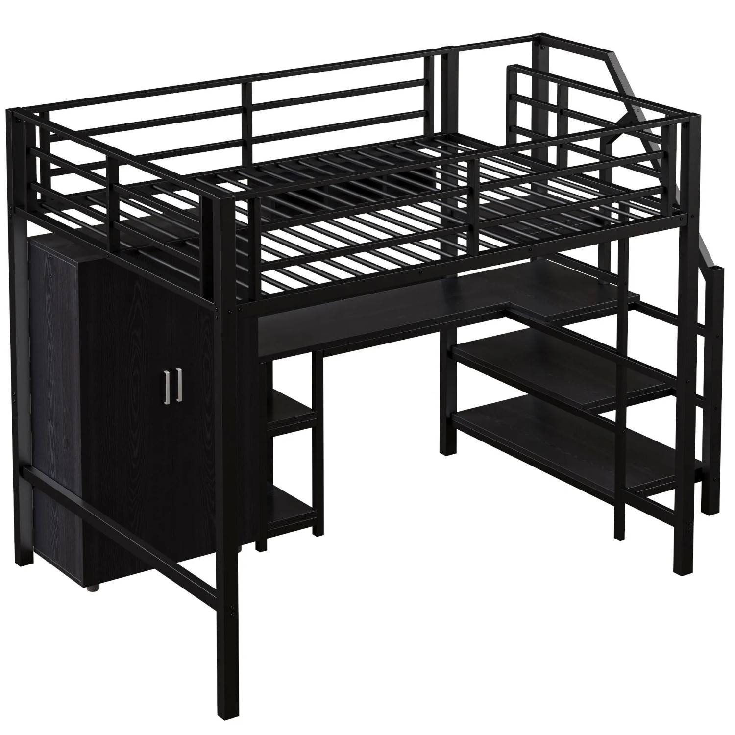 KOMHTOM Hochbett 140x200Cm Mit Kleiderschrank Regale Ablageleiter Und Schreibtisch Metall Schwarz Ohne Matratze
