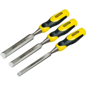 Stanley DynaGrip Stechbeitel Set, 3-teilig (10, 15, 20 mm) mit gelb-schwarzen Griffen.