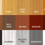 Farbmuster der Bondex Compact-Lasur: Teak, Kiefer, Eiche, Nussbaum, Ebenholz u.a.
