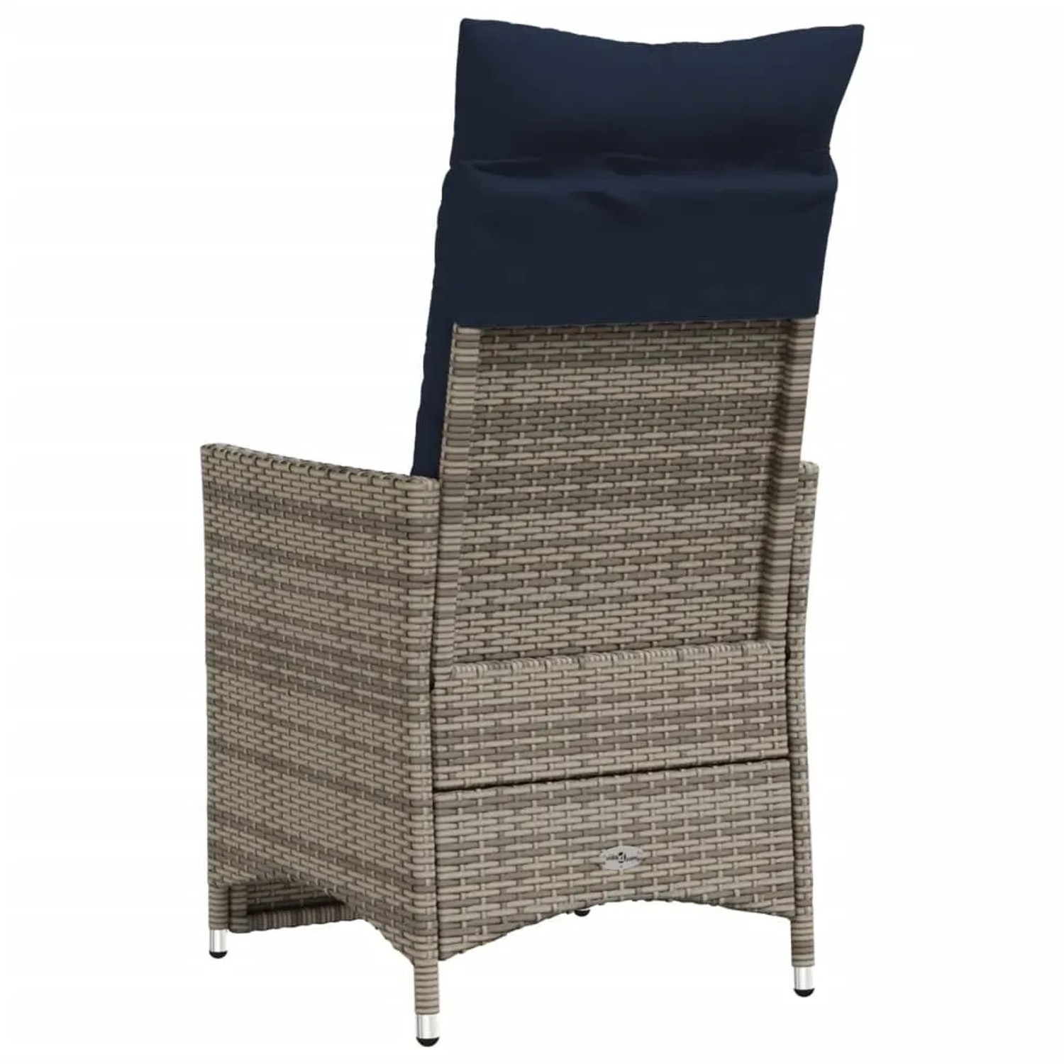 Verstellbarer Gartensessel aus grauem Polyrattan mit blauem Kissen, Rückansicht.