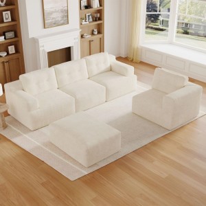 Beiges Merax Modulsofa aus Chenille in L-Form mit Sessel und Hocker. Flexibel kombinierbares Sofa für Ihr Wohnzimmer.