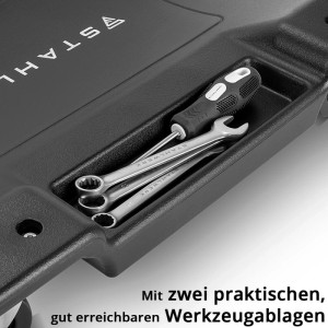 STAHLWERK Kfz-Rollbrett: Schwarzes Montagerollbrett mit praktischer Werkzeugablage für Schraubendreher & Schraubenschlüssel.